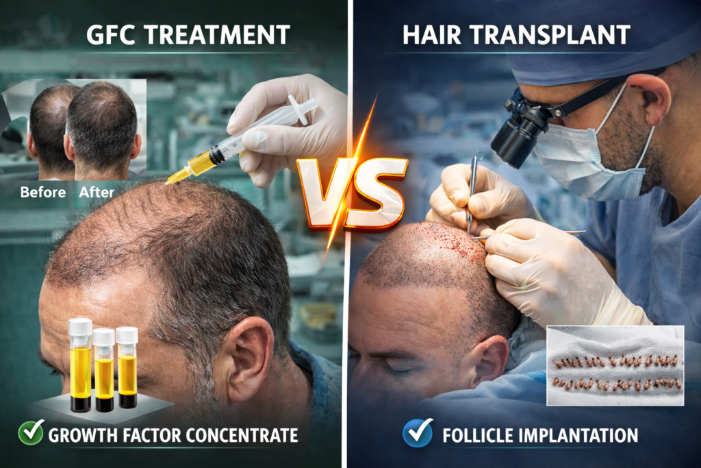 GFC treatment vs hair transplant showing growth factor injections and follicle implantation procedure