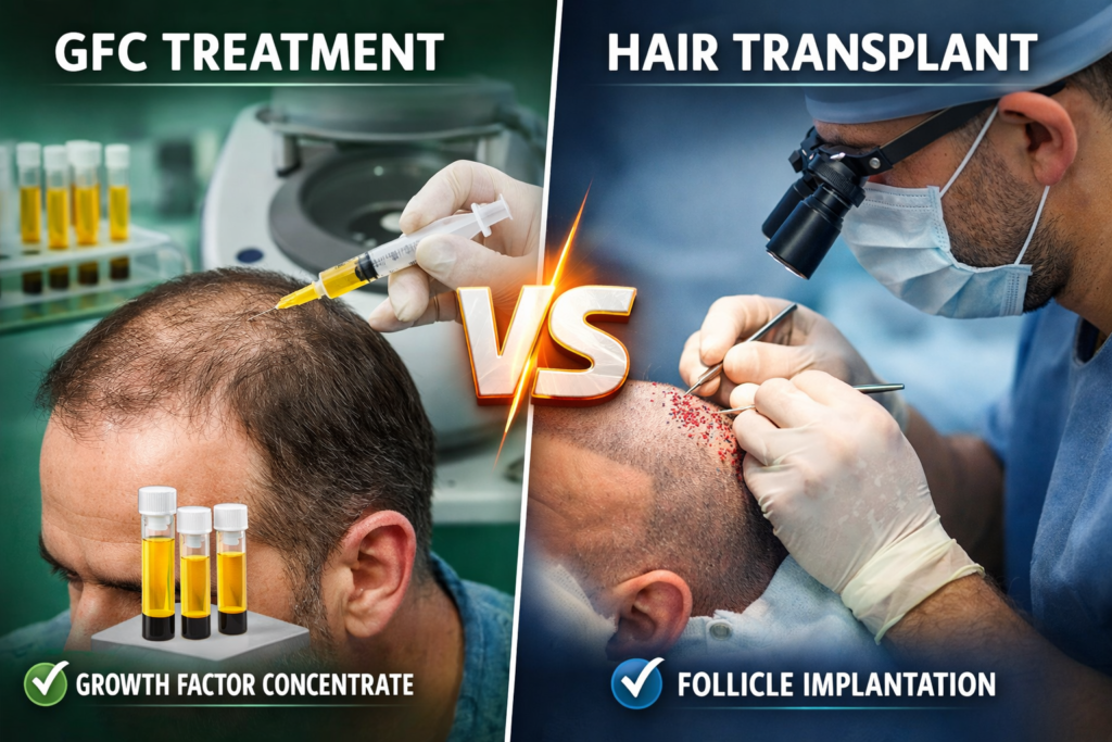 GFC treatment vs hair transplant showing growth factor injections and follicle implantation procedure