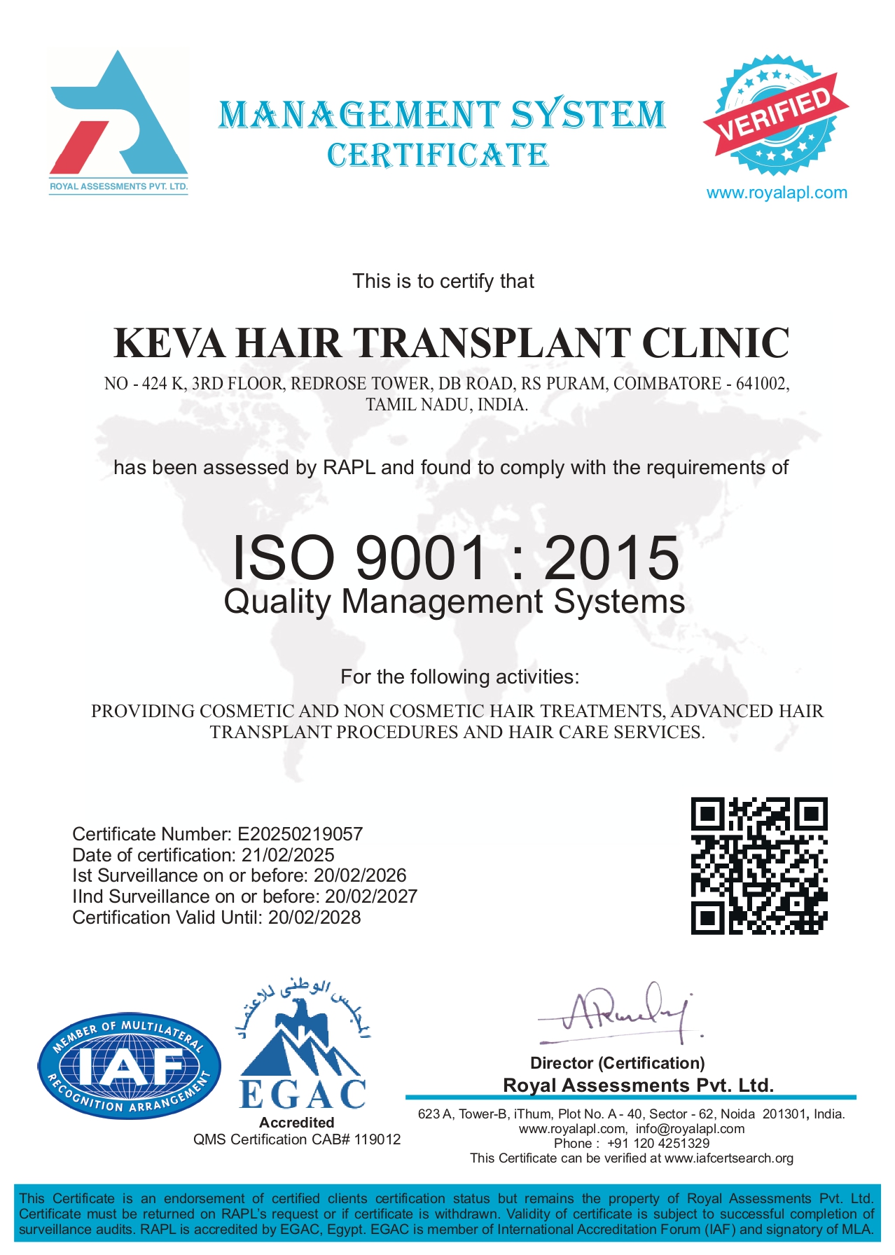 Keva Hair Care ISO 9001:2015 Certificate